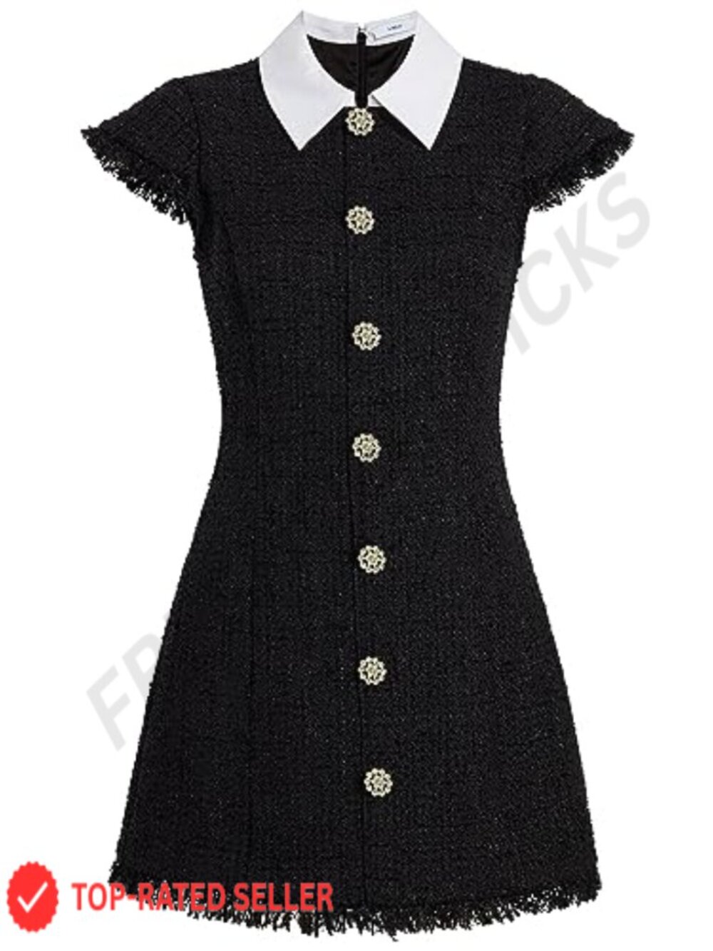 Tweed Dress With Jeweled Buttons Collar Cap Sleeves Fit & Flare Semi-Formal